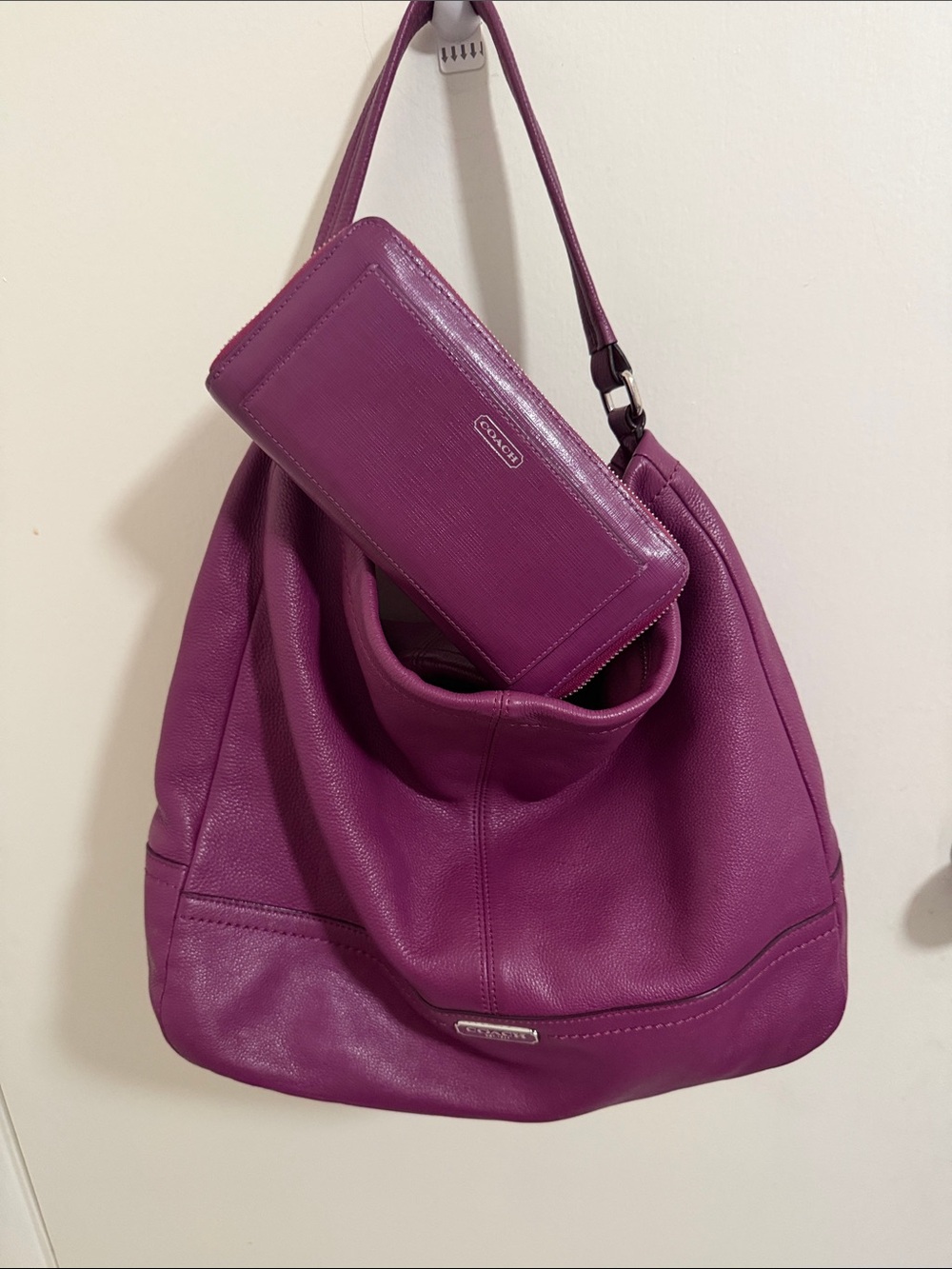 Coach Purple Pebbled Leather Shoulder Hobo with Matching Wallet